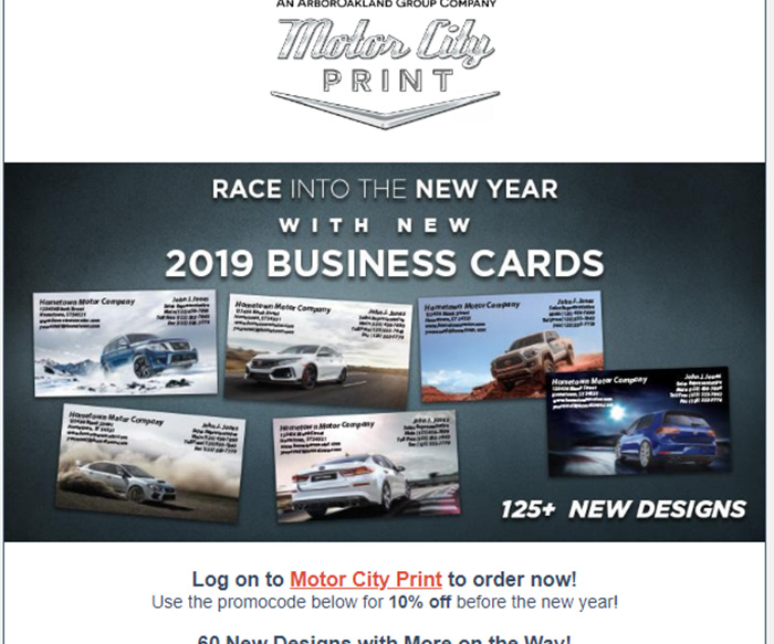 Eblast sent to promote new car designs on Motor City Print